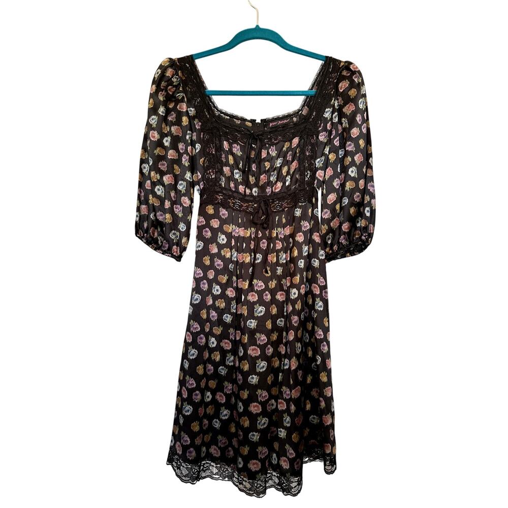 VTG Betsey Johnson Silk Lace Trim Milkmaid Dress Y2K Black Floral Babydoll 4